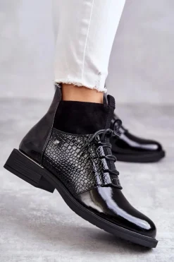 Buty damskie Vinceza Botki Sznurowane|Czarne Botki*Lakierowane Ocieplane Botki Sznurowane Czarne Cathrine