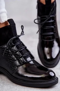 Buty damskie Vinceza Botki Sznurowane|Czarne Botki*Lakierowane Ocieplane Botki Sznurowane Czarne Cathrine