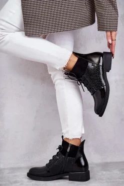 Buty damskie Vinceza Botki Sznurowane|Czarne Botki*Lakierowane Ocieplane Botki Sznurowane Czarne Cathrine