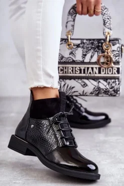 Buty damskie Vinceza Botki Sznurowane|Czarne Botki*Lakierowane Ocieplane Botki Sznurowane Czarne Cathrine