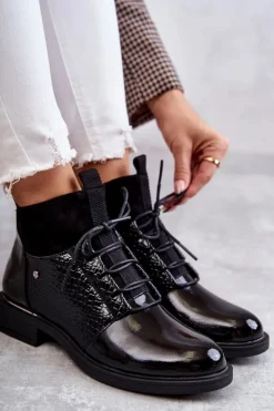 Buty damskie Vinceza Botki Sznurowane|Czarne Botki*Lakierowane Ocieplane Botki Sznurowane Czarne Cathrine