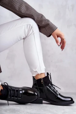 Buty damskie Vinceza Botki Sznurowane|Czarne Botki*Lakierowane Ocieplane Botki Sznurowane Czarne Cathrine