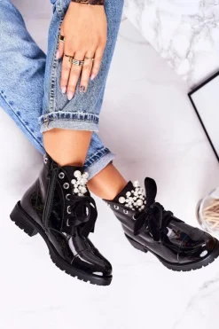 Boto Botki Sznurowane|Czarne Botki*Lakierowane Ocieplane Botki Z Perełkami I Wstążką Czarne Perla