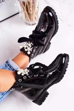 Boto Botki Sznurowane|Czarne Botki*Lakierowane Ocieplane Botki Z Perełkami I Wstążką Czarne Perla