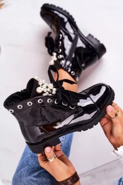 Boto Botki Sznurowane|Czarne Botki*Lakierowane Ocieplane Botki Z Perełkami I Wstążką Czarne Perla