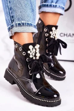 Damskie Boto Lakierowane Ocieplane Botki Z Perełkami, Dżetami I Wstążką Czarne Perla