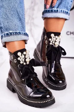 Damskie Boto Lakierowane Ocieplane Botki Z Perełkami, Dżetami I Wstążką Czarne Perla