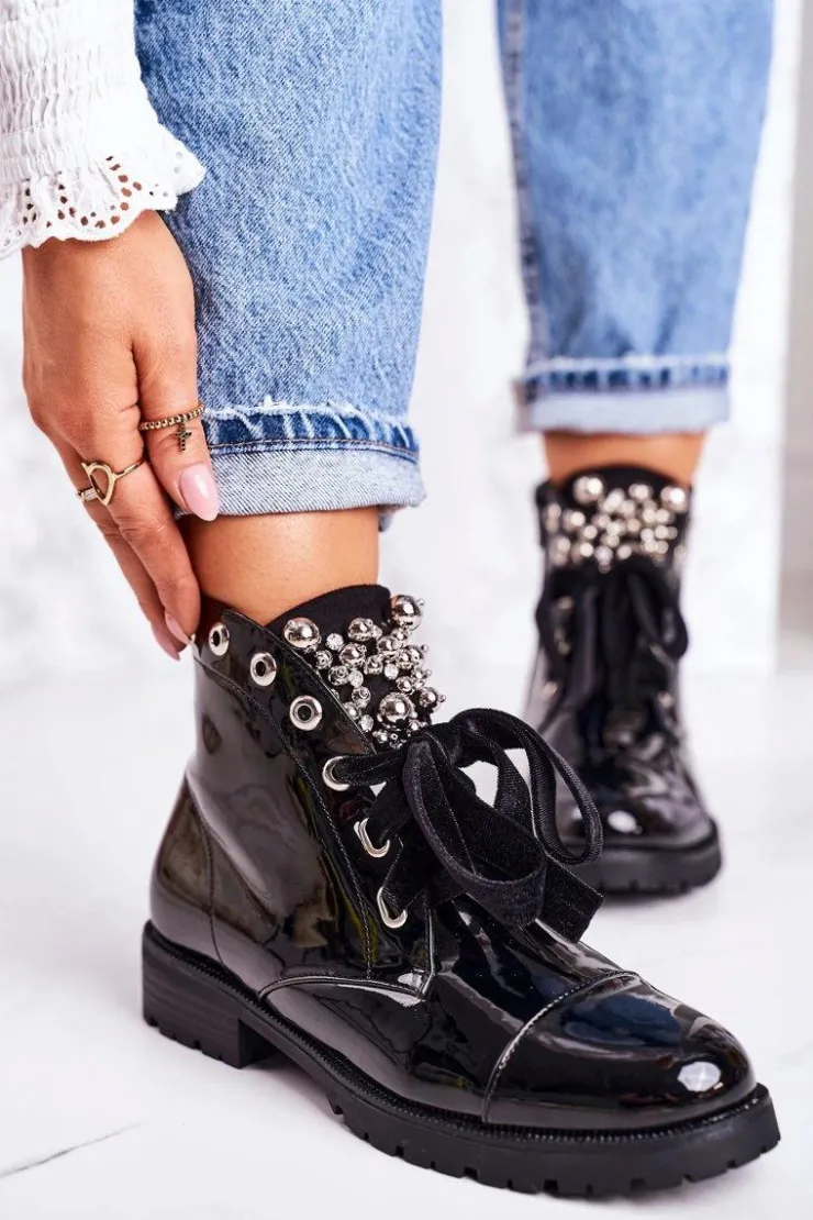 New Boto Lakierowane Ocieplane Botki Z Metalowymi Perełkami I Wstążką Czarne Perla