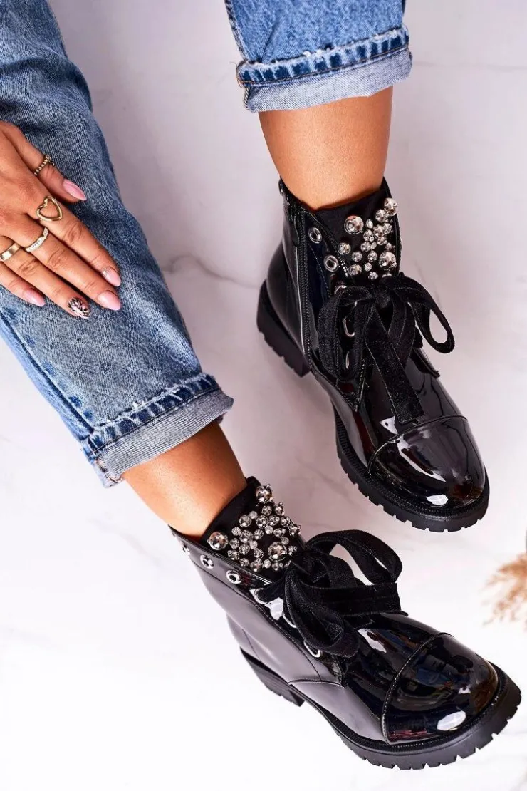 New Boto Lakierowane Ocieplane Botki Z Metalowymi Perełkami I Wstążką Czarne Perla