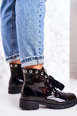 New Boto Lakierowane Ocieplane Botki Z Metalowymi Perełkami I Wstążką Czarne Perla