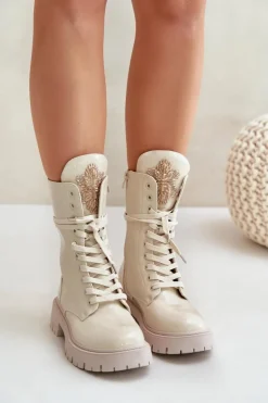 Online Boto Lakierowane Ocieplane Botki Workery Z Ozdobą Beżowe Kelilea Beżowy