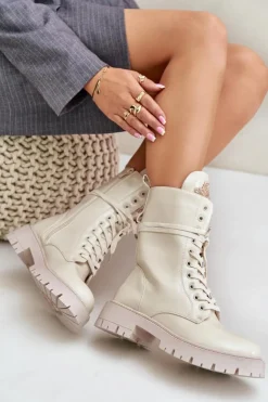 Online Boto Lakierowane Ocieplane Botki Workery Z Ozdobą Beżowe Kelilea Beżowy