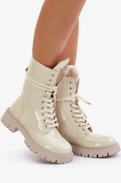 Online Boto Lakierowane Ocieplane Botki Workery Z Ozdobą Beżowe Kelilea Beżowy