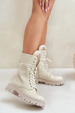 Online Boto Lakierowane Ocieplane Botki Workery Z Ozdobą Beżowe Kelilea Beżowy