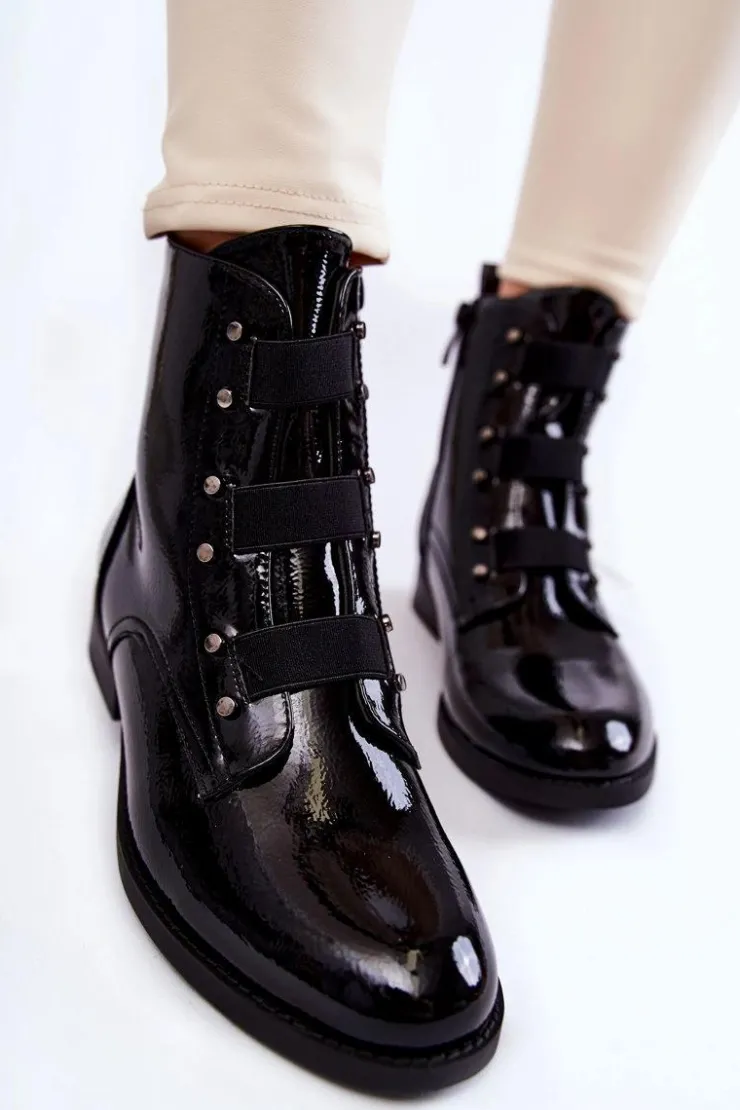 Damskie Damskie buty S.Barski Lakierowane Ocieplane Botki Na Płaskim Obcasie Czarne Geira