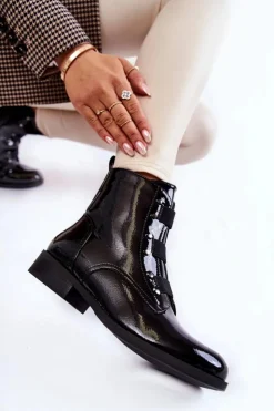 Damskie Damskie buty S.Barski Lakierowane Ocieplane Botki Na Płaskim Obcasie Czarne Geira