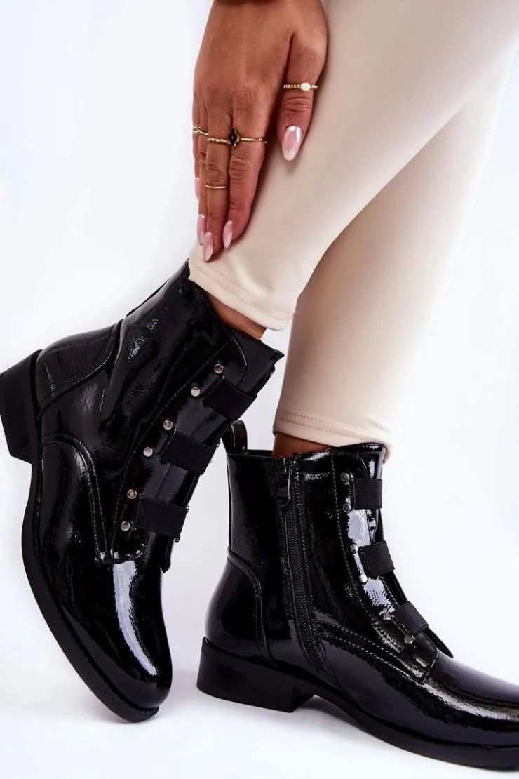 Damskie Damskie buty S.Barski Lakierowane Ocieplane Botki Na Płaskim Obcasie Czarne Geira