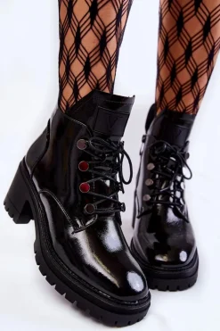 Buty damskie Vinceza Botki Sznurowane|Czarne Botki*Lakierowane Ocieplane Botki Sznurowane Czarne Ragnhild
