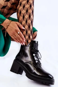 Buty damskie Vinceza Botki Sznurowane|Czarne Botki*Lakierowane Ocieplane Botki Sznurowane Czarne Ragnhild