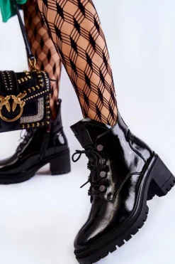 Buty damskie Vinceza Botki Sznurowane|Czarne Botki*Lakierowane Ocieplane Botki Sznurowane Czarne Ragnhild