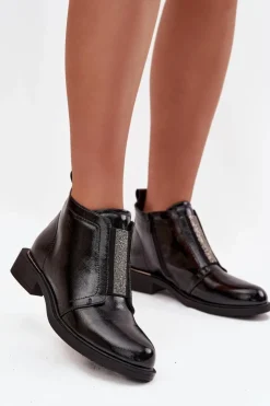 Damskie buty S.Barski Botki Ocieplane|Czarne Botki*Lakierowane Ocieplane Botki Damskie Na Niskim Obcasie S.Barski HY52-506 Czarne