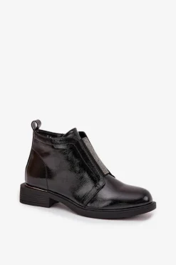 Damskie buty S.Barski Botki Ocieplane|Czarne Botki*Lakierowane Ocieplane Botki Damskie Na Niskim Obcasie S.Barski HY52-506 Czarne