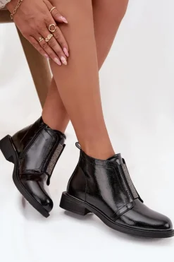 Damskie buty S.Barski Botki Ocieplane|Czarne Botki*Lakierowane Ocieplane Botki Damskie Na Niskim Obcasie S.Barski HY52-506 Czarne