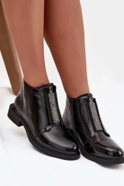 Damskie buty S.Barski Botki Ocieplane|Czarne Botki*Lakierowane Ocieplane Botki Damskie Na Niskim Obcasie S.Barski HY52-506 Czarne