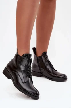 Best Damskie buty S.Barski Lakierowane Ocieplane Botki Damskie Z Ozdobnym Detalem S.Barski HY52-525 Czarne