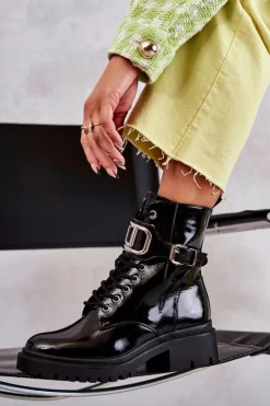 Damskie Boto Lakierowane Ocieplane Damskie Botki Czarne Costello