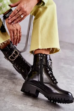 Damskie Boto Lakierowane Ocieplane Damskie Botki Czarne Costello