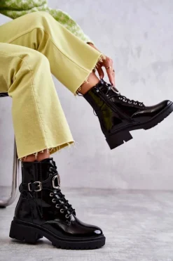 Damskie Boto Lakierowane Ocieplane Damskie Botki Czarne Costello