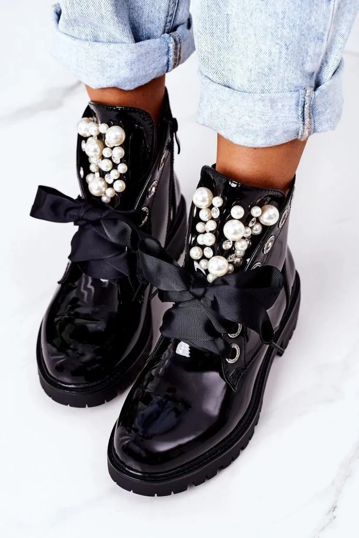 Damskie Boto Lakierowane Ocieplane Workery Z Perełkami Czarne Perla