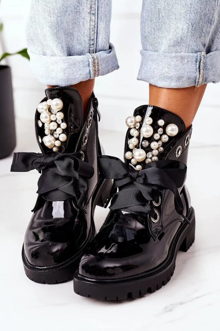 Damskie Boto Lakierowane Ocieplane Workery Z Perełkami Czarne Perla