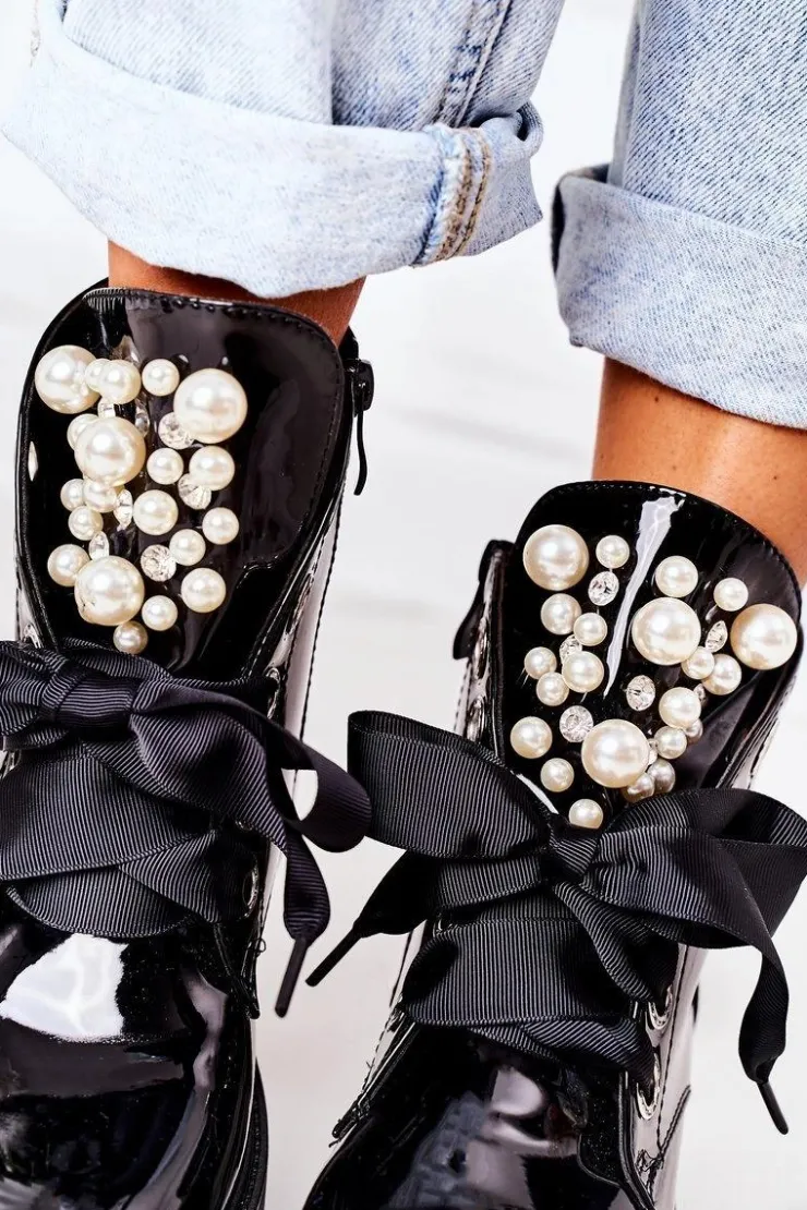 Damskie Boto Lakierowane Ocieplane Workery Z Perełkami Czarne Perla