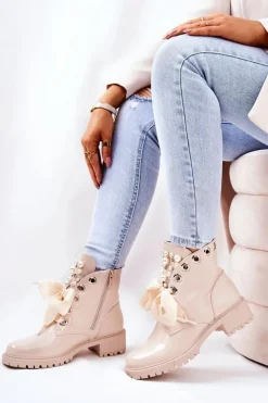 Damskie Boto Lakierowane Ocieplane Workery Z Perełkami Beżowe Perla