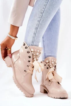 Damskie Boto Lakierowane Ocieplane Workery Z Perełkami Beżowe Perla