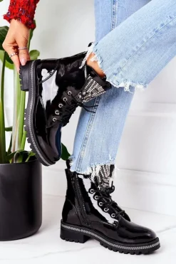 Damskie Boto Lakierowane Ocieplane Workery Z Cyrkoniami Czarne Attention