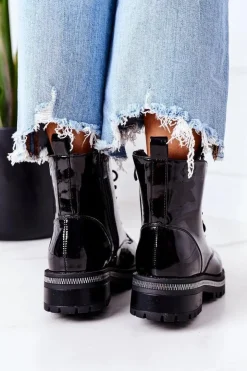 Damskie Boto Lakierowane Ocieplane Workery Z Cyrkoniami Czarne Attention