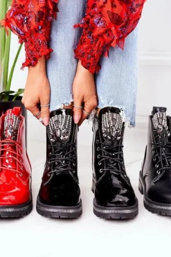 Damskie Boto Lakierowane Ocieplane Workery Z Cyrkoniami Czarne Attention