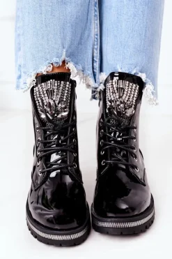 Damskie Boto Lakierowane Ocieplane Workery Z Cyrkoniami Czarne Attention