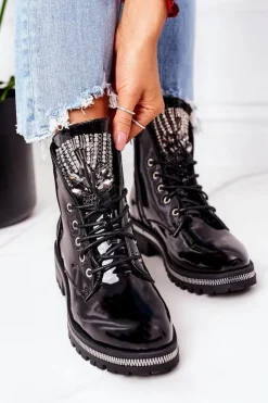 Damskie Boto Lakierowane Ocieplane Workery Z Cyrkoniami Czarne Attention