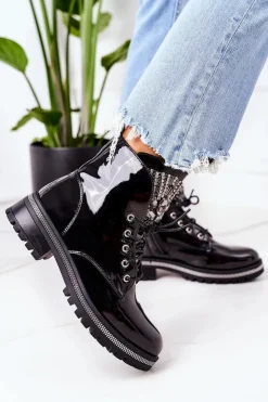 Damskie Boto Lakierowane Ocieplane Workery Z Cyrkoniami Czarne Attention