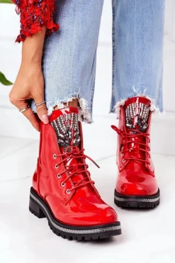 Clearance Boto Lakierowane Ocieplane Workery Z Cyrkoniami Czerwone Attention