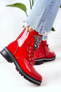 Clearance Boto Lakierowane Ocieplane Workery Z Cyrkoniami Czerwone Attention