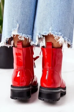 Clearance Boto Lakierowane Ocieplane Workery Z Cyrkoniami Czerwone Attention