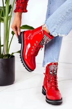 Clearance Boto Lakierowane Ocieplane Workery Z Cyrkoniami Czerwone Attention