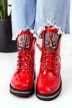 Clearance Boto Lakierowane Ocieplane Workery Z Cyrkoniami Czerwone Attention