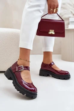 Damskie Boto Lakierowane Półbuty Damskie Z Klamrą Bordowe Plikuria