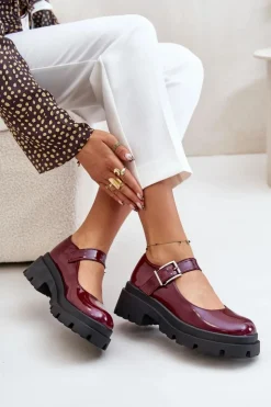 Damskie Boto Lakierowane Półbuty Damskie Z Klamrą Bordowe Plikuria